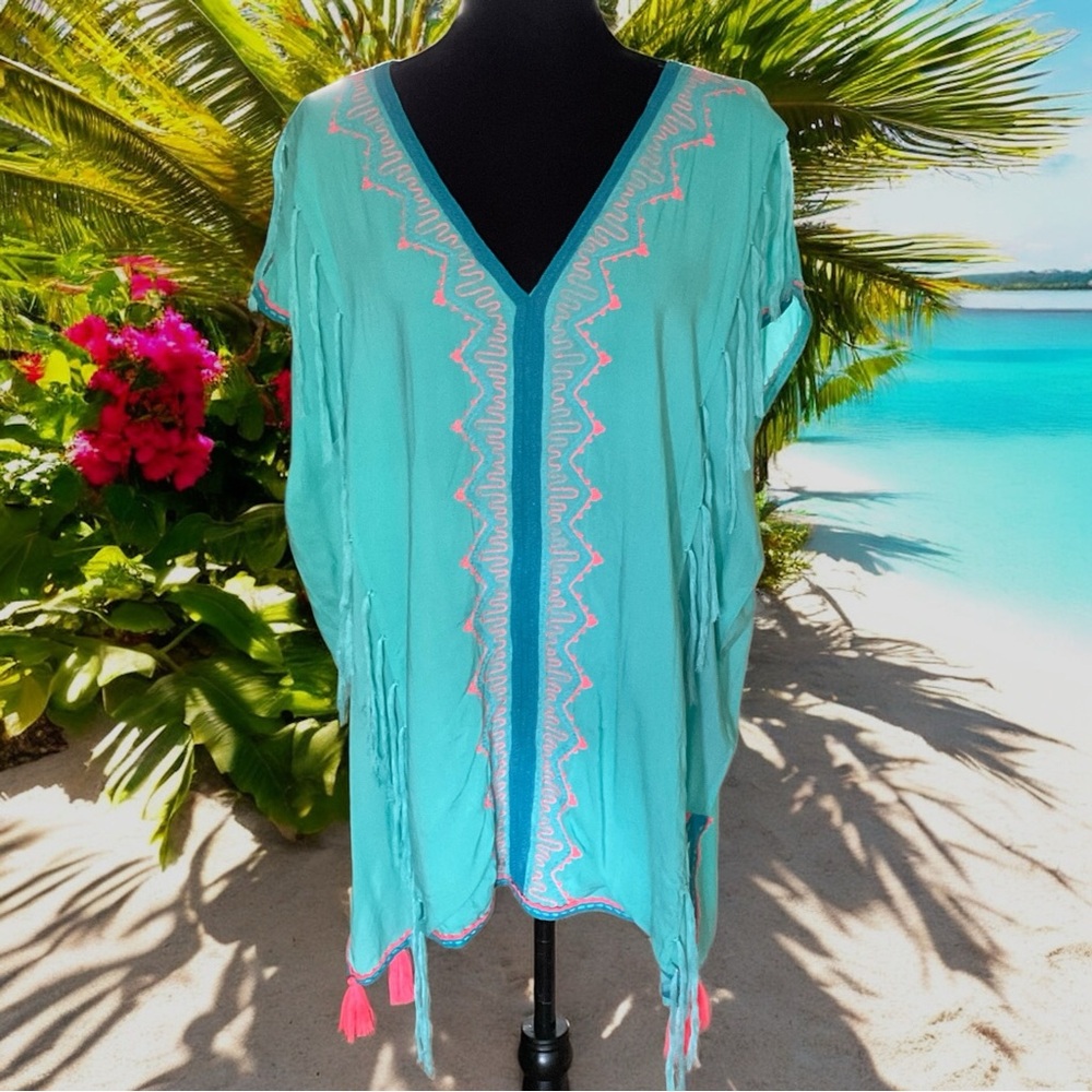 💖 Aqua Embroidered Tassel Beach Cover-Up 💖